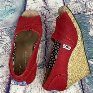 TOMS Red Canvas Peep Toe Wedges Shoes